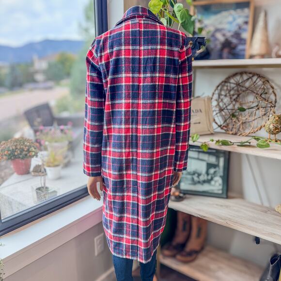 Hem & Thread Red & Navy Plaid Flannel Trench Style Coat Jacket, Women's Small - Picture 8 of 10